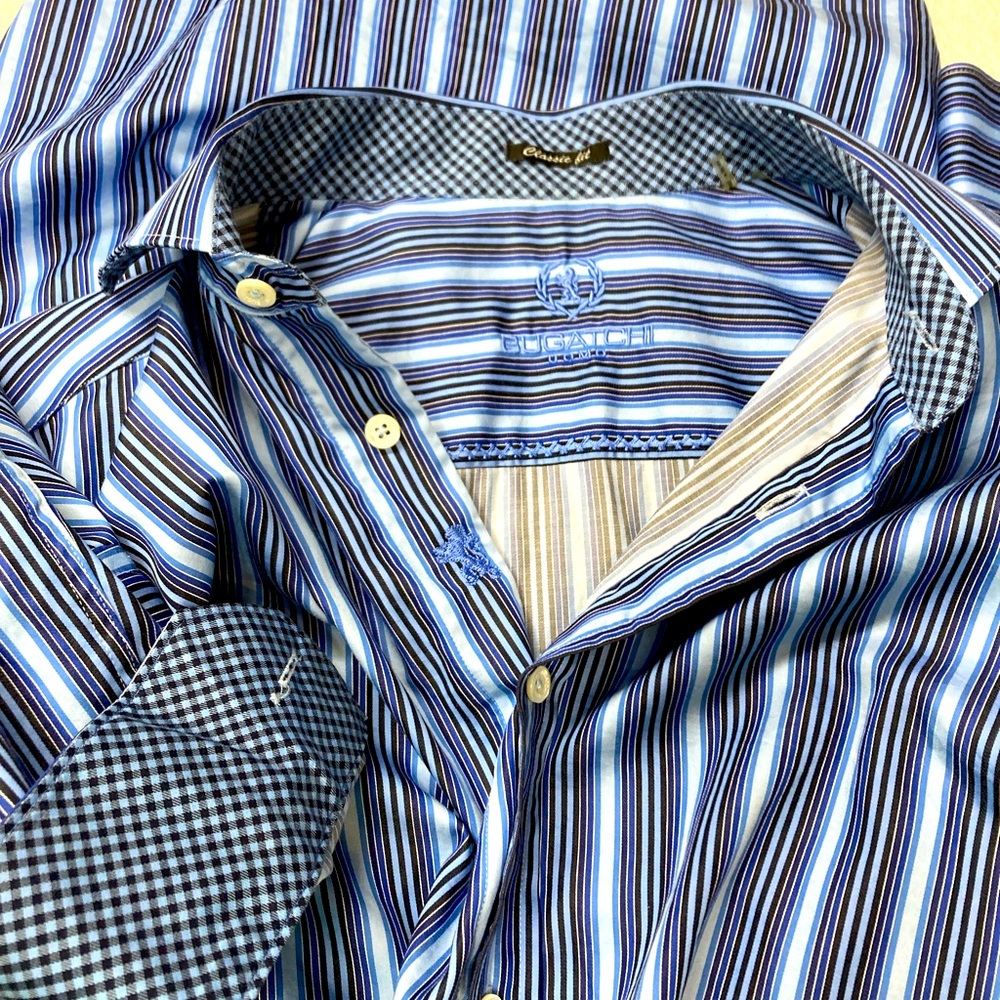 Bugatchi Uomo Shirt M Blue stripe flip cuff - Picture 3 of 8